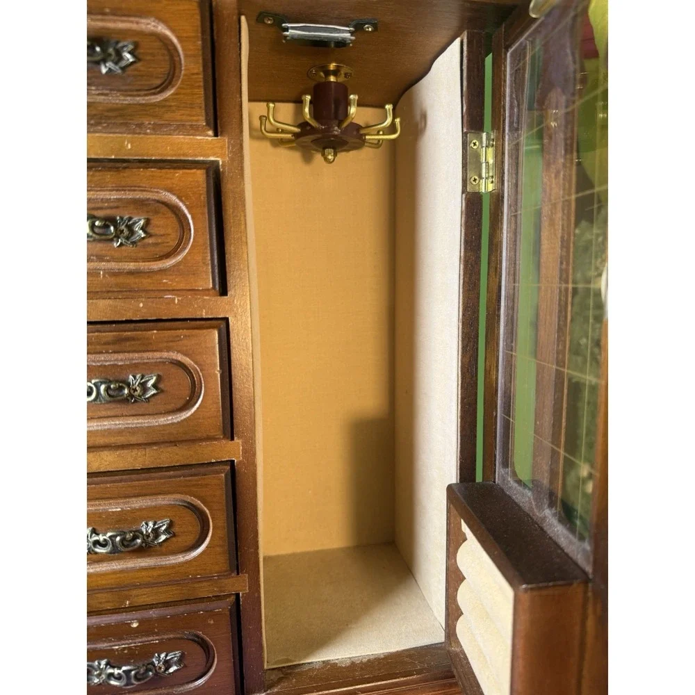Large Armoire-Style Jewelry Box with Glass Door & 5 Drawers 14×10×5.75 Inches